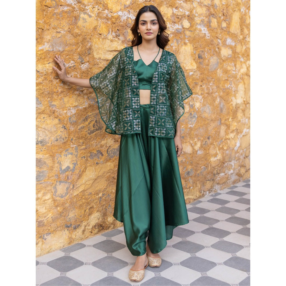 Myaara Green Satin Crop Top with Embellished Organza Cape & Palazzo (Set of 3)