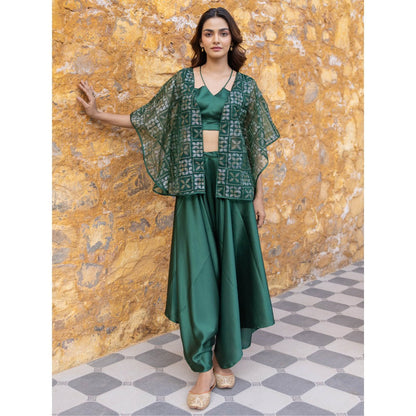 Myaara Green Satin Crop Top with Embellished Organza Cape & Palazzo (Set of 3)