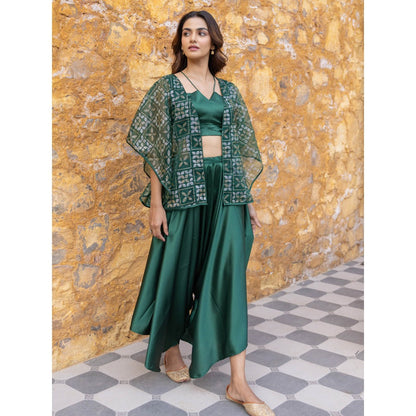 Myaara Green Satin Crop Top with Embellished Organza Cape & Palazzo (Set of 3)