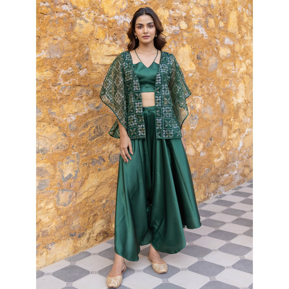 Myaara Green Satin Crop Top with Embellished Organza Cape & Palazzo (Set of 3)