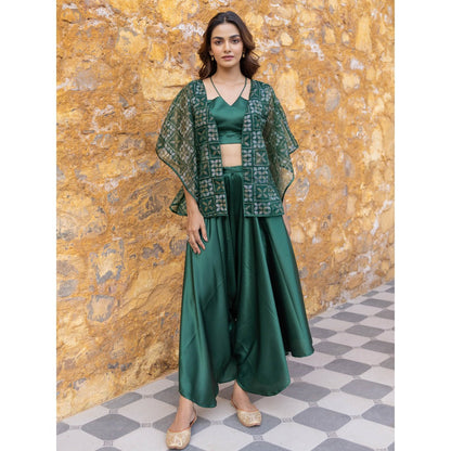 Myaara Green Satin Crop Top with Embellished Organza Cape & Palazzo (Set of 3)
