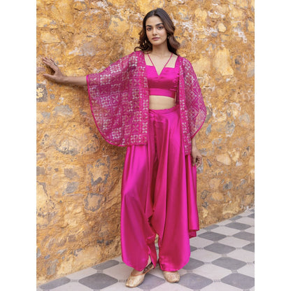 Myaara Fuchsia Pink Satin Crop Top with Embellished Organza Cape & Palazzo (Set of 3)