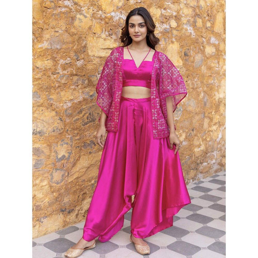 Myaara Fuchsia Pink Satin Crop Top with Embellished Organza Cape & Palazzo (Set of 3)