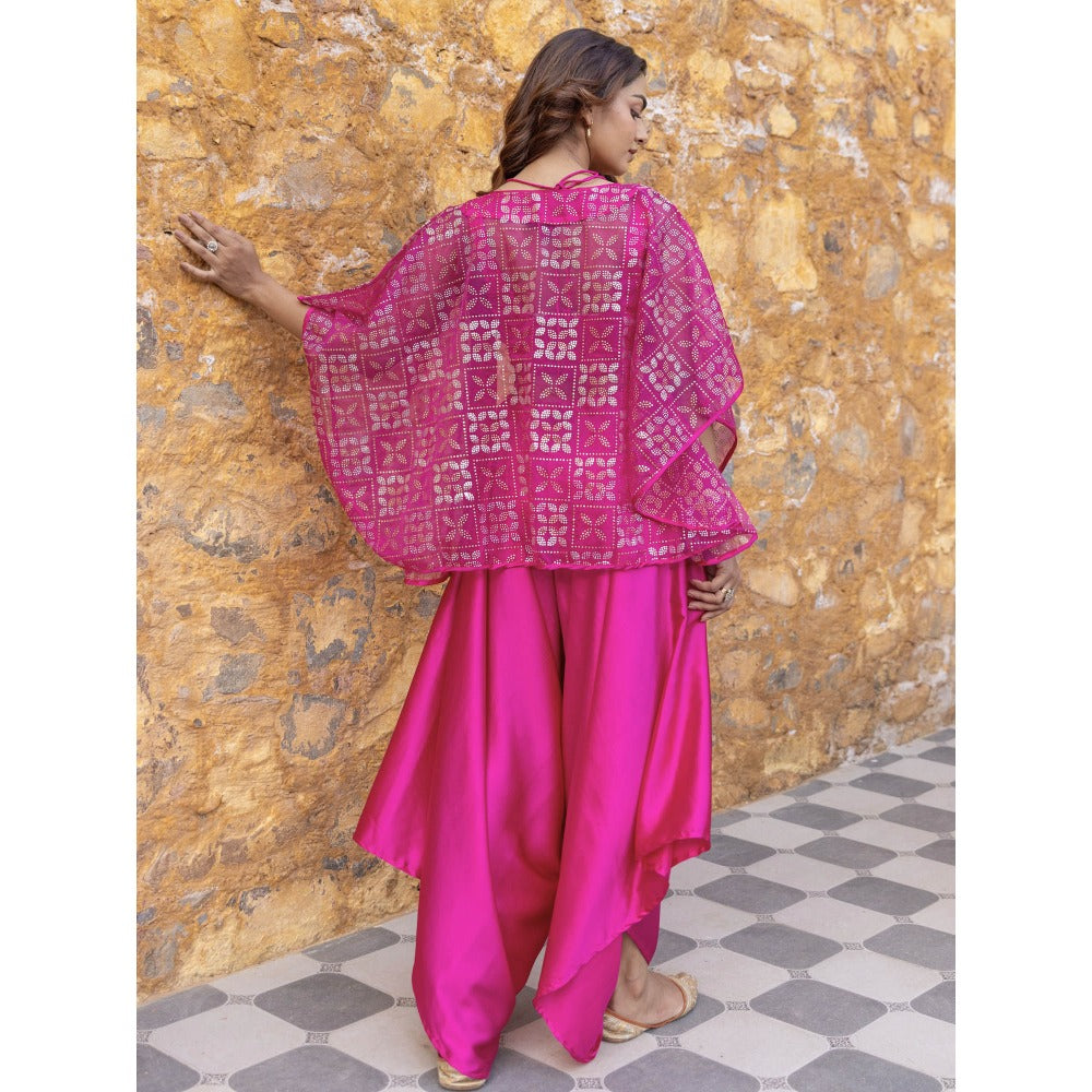 Myaara Fuchsia Pink Satin Crop Top with Embellished Organza Cape & Palazzo (Set of 3)