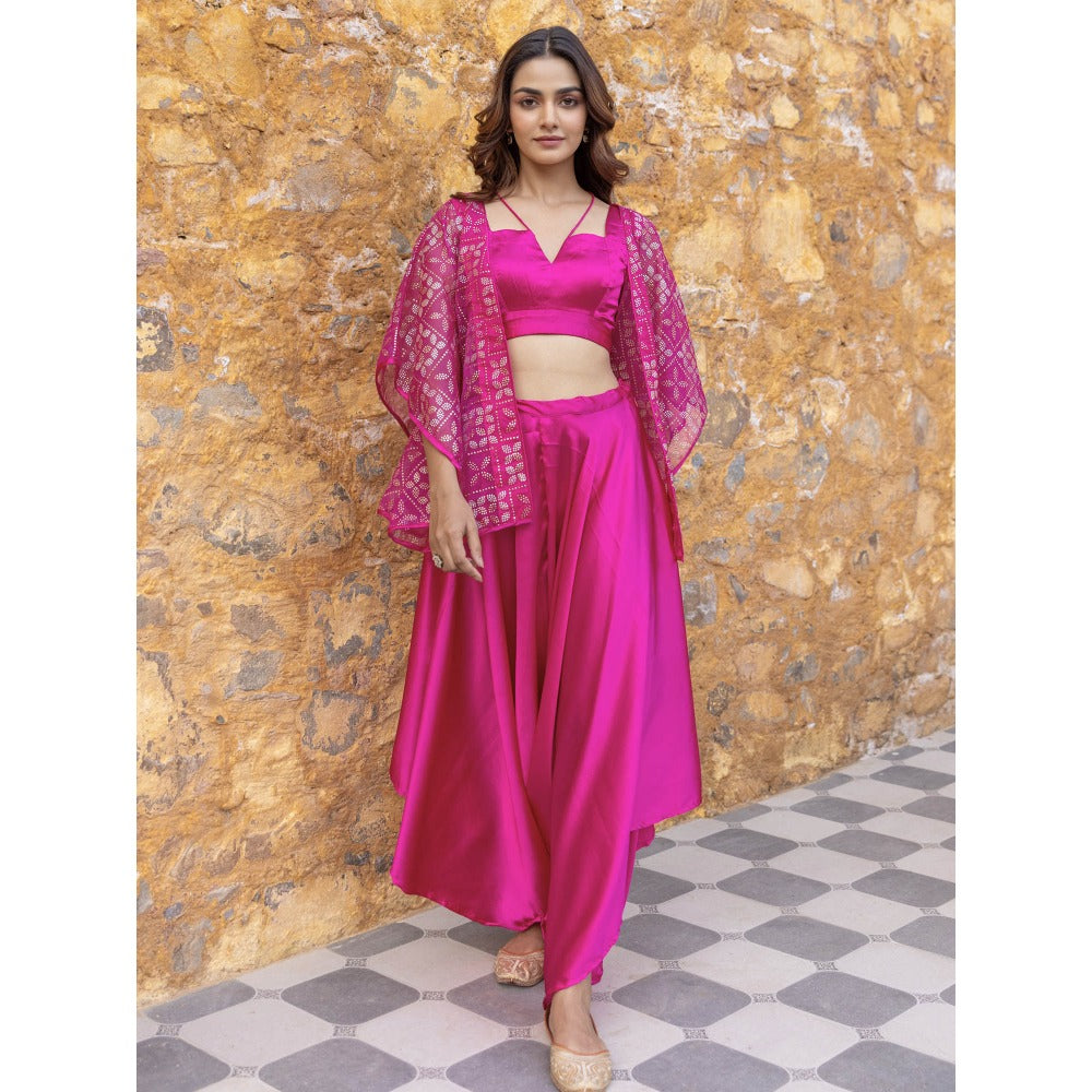Myaara Fuchsia Pink Satin Crop Top with Embellished Organza Cape & Palazzo (Set of 3)