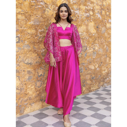 Myaara Fuchsia Pink Satin Crop Top with Embellished Organza Cape & Palazzo (Set of 3)