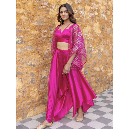 Myaara Fuchsia Pink Satin Crop Top with Embellished Organza Cape & Palazzo (Set of 3)