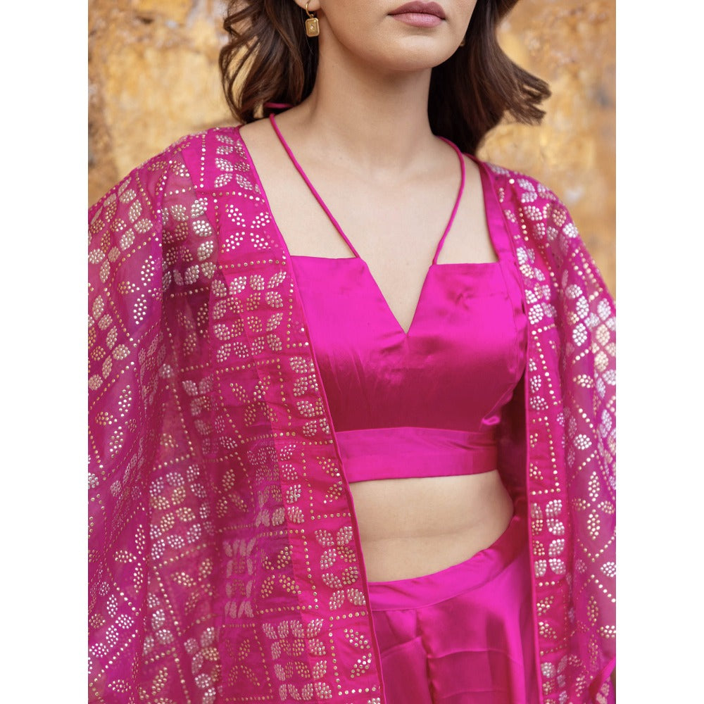 Myaara Fuchsia Pink Satin Crop Top with Embellished Organza Cape & Palazzo (Set of 3)