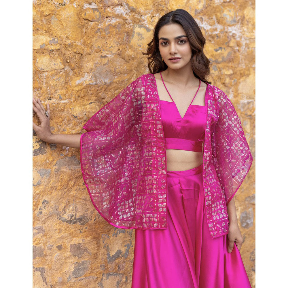Myaara Fuchsia Pink Satin Crop Top with Embellished Organza Cape & Palazzo (Set of 3)