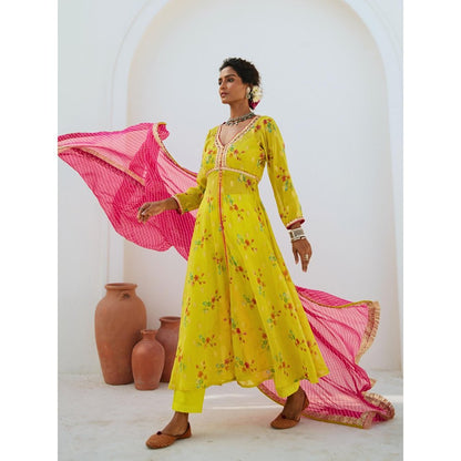 Myaara Lemon Green Tissue Chanderi Printed Kurta with Pant Leheriya Dupatta (Set of 4)