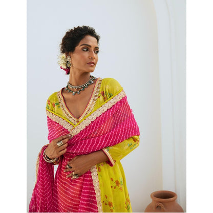 Myaara Lemon Green Tissue Chanderi Printed Kurta with Pant Leheriya Dupatta (Set of 4)