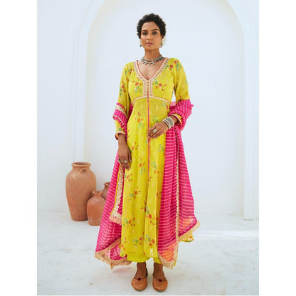 Myaara Lemon Green Tissue Chanderi Printed Kurta with Pant Leheriya Dupatta (Set of 4)