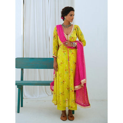 Myaara Lemon Green Tissue Chanderi Printed Kurta with Pant Leheriya Dupatta (Set of 4)