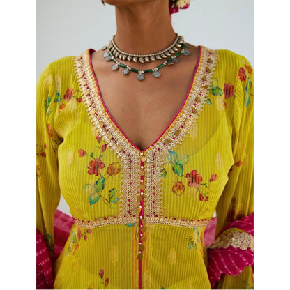 Myaara Lemon Green Tissue Chanderi Printed Kurta with Pant Leheriya Dupatta (Set of 4)