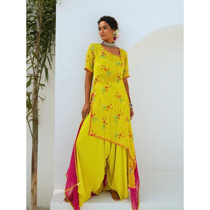 Myaara Lemon Green Tissue Chanderi Printed Kurta with pant and Dupatta(Set of 4)