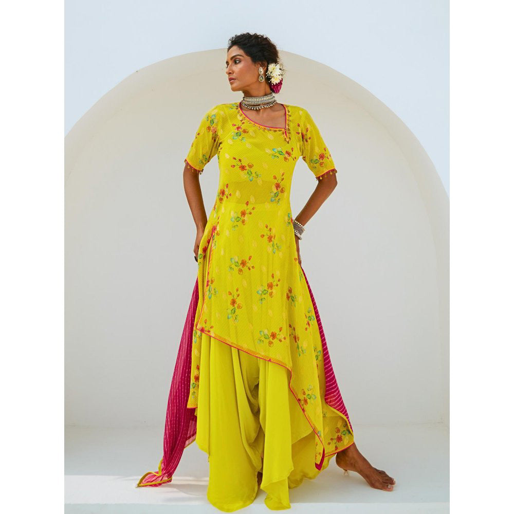 Myaara Lemon Green Tissue Chanderi Printed Kurta with pant and Dupatta(Set of 4)