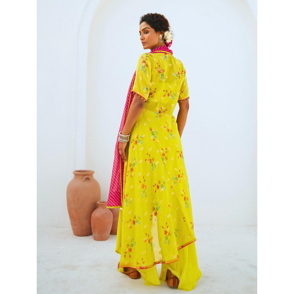 Myaara Lemon Green Tissue Chanderi Printed Kurta with pant and Dupatta(Set of 4)