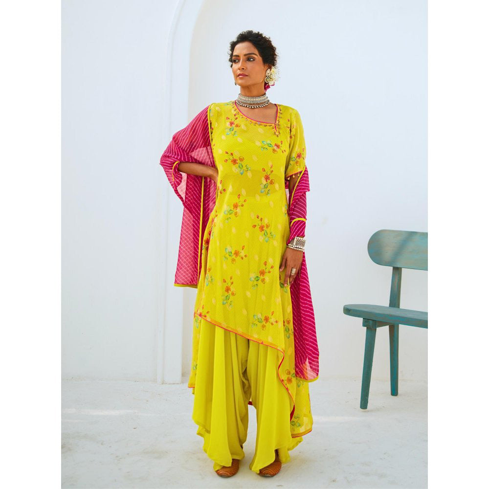 Myaara Lemon Green Tissue Chanderi Printed Kurta with pant and Dupatta(Set of 4)