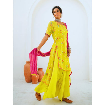 Myaara Lemon Green Tissue Chanderi Printed Kurta with pant and Dupatta(Set of 4)