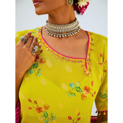 Myaara Lemon Green Tissue Chanderi Printed Kurta with pant and Dupatta(Set of 4)