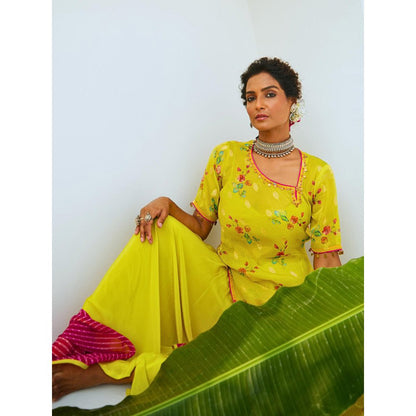 Myaara Lemon Green Tissue Chanderi Printed Kurta with pant and Dupatta(Set of 4)