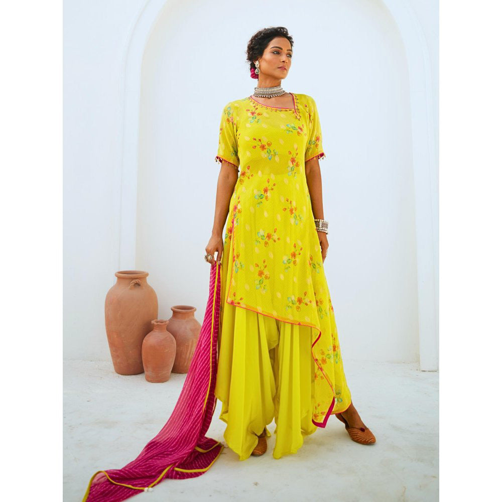 Myaara Lemon Green Tissue Chanderi Printed Kurta with pant and Dupatta(Set of 4)