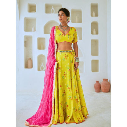 Myaara Lemon Green Tissue Chanderi Floral Lehenga With Blouse and Leheriya Dupatta (Set of 3)
