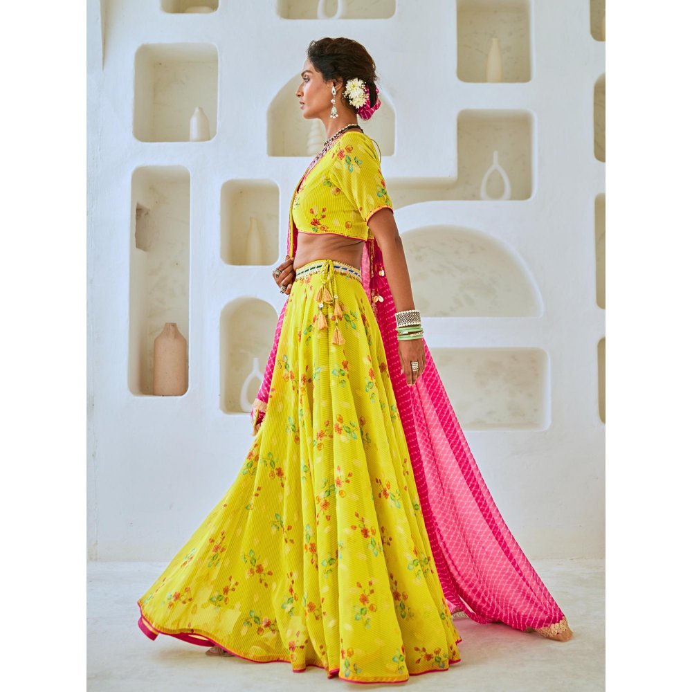Myaara Lemon Green Tissue Chanderi Floral Lehenga With Blouse and Leheriya Dupatta (Set of 3)