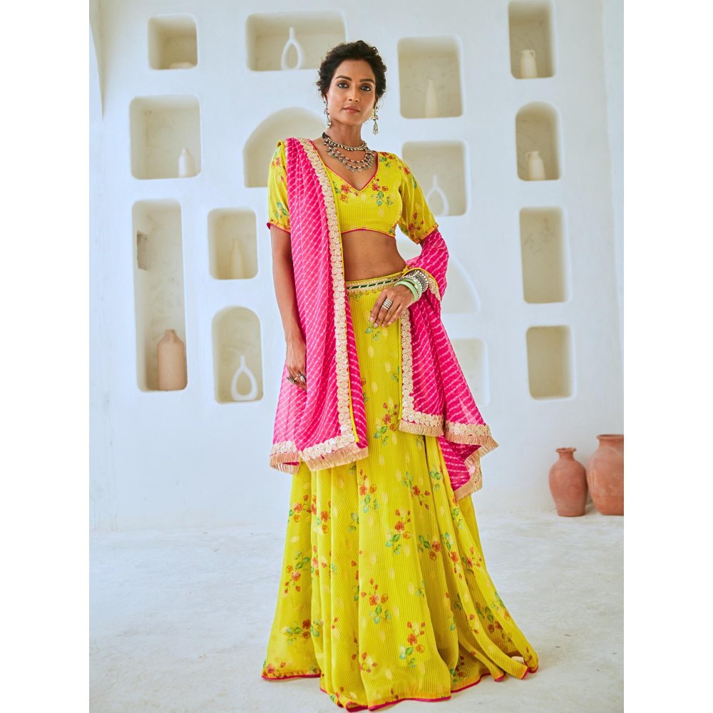Myaara Lemon Green Tissue Chanderi Floral Lehenga With Blouse and Leheriya Dupatta (Set of 3)