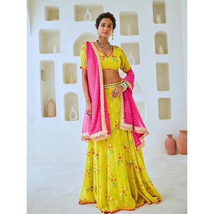 Myaara Lemon Green Tissue Chanderi Floral Lehenga With Blouse and Leheriya Dupatta (Set of 3)