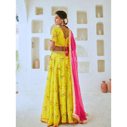 Myaara Lemon Green Tissue Chanderi Floral Lehenga With Blouse and Leheriya Dupatta (Set of 3)