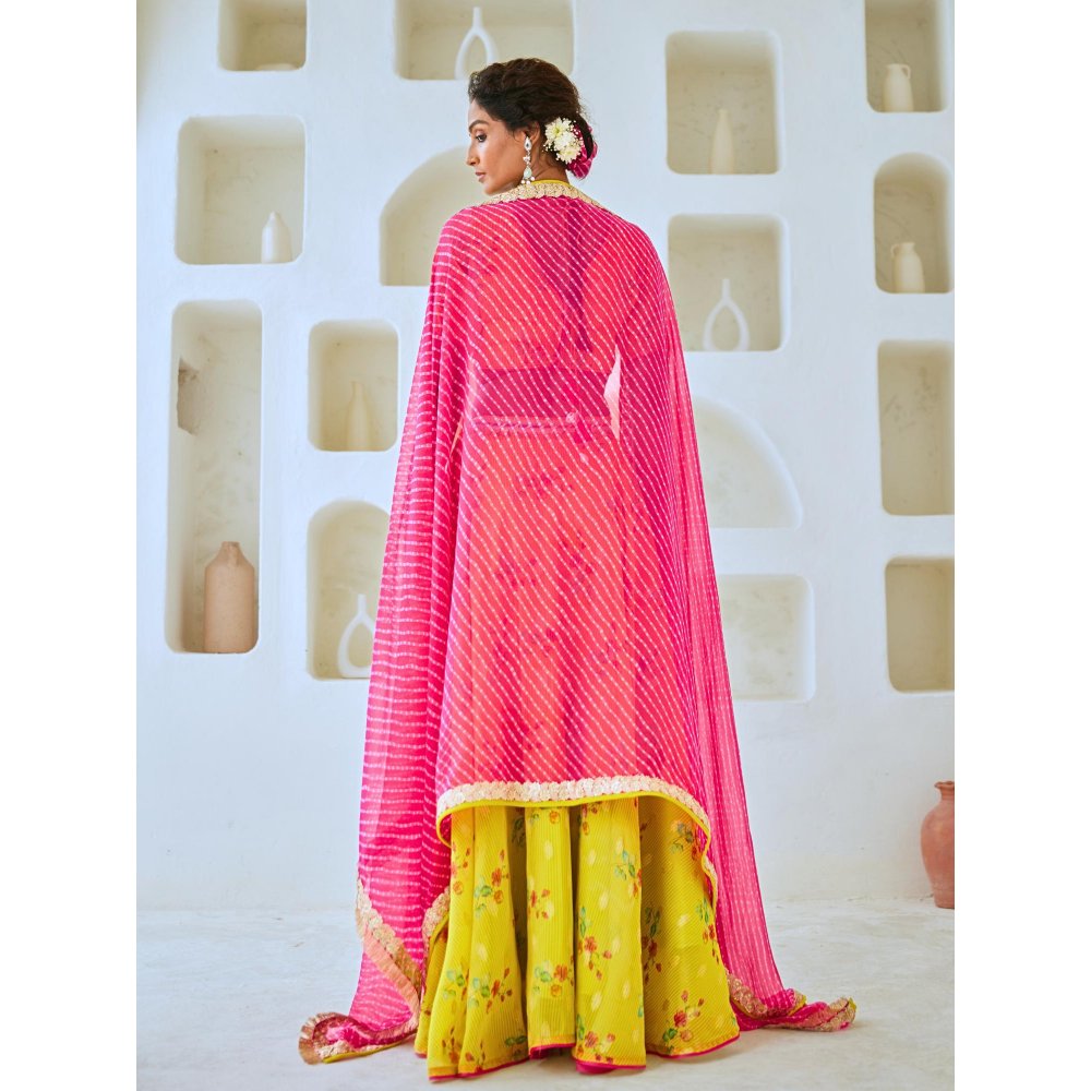 Myaara Lemon Green Tissue Chanderi Floral Lehenga With Blouse and Leheriya Dupatta (Set of 3)