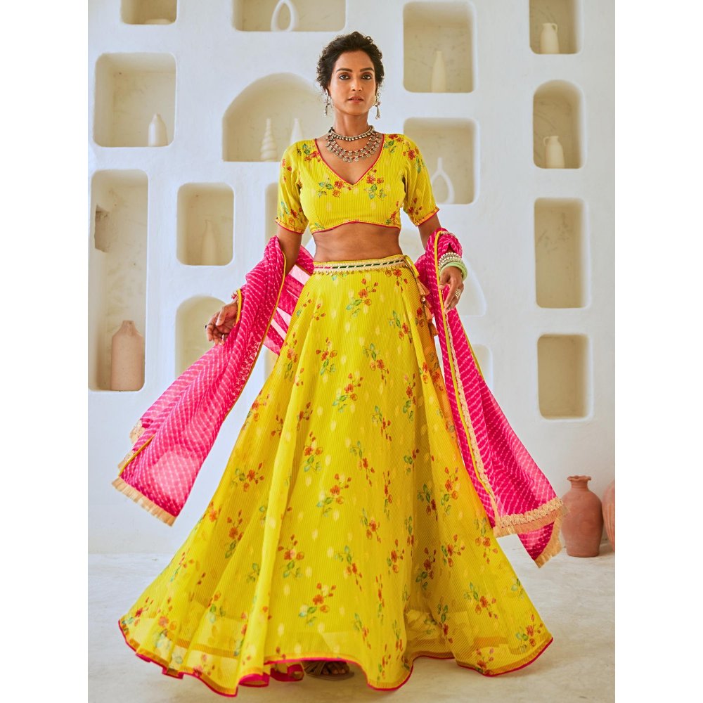 Myaara Lemon Green Tissue Chanderi Floral Lehenga With Blouse and Leheriya Dupatta (Set of 3)