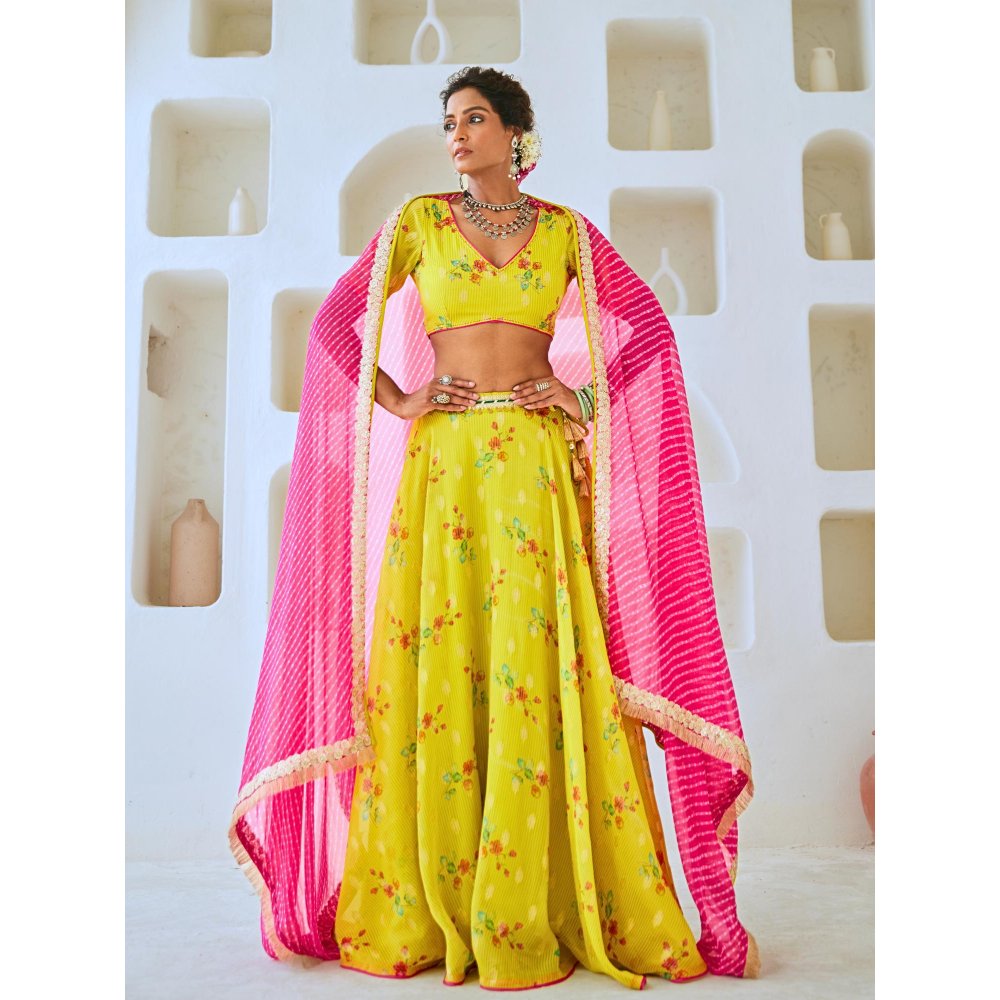 Myaara Lemon Green Tissue Chanderi Floral Lehenga With Blouse and Leheriya Dupatta (Set of 3)