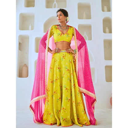 Myaara Lemon Green Tissue Chanderi Floral Lehenga With Blouse and Leheriya Dupatta (Set of 3)