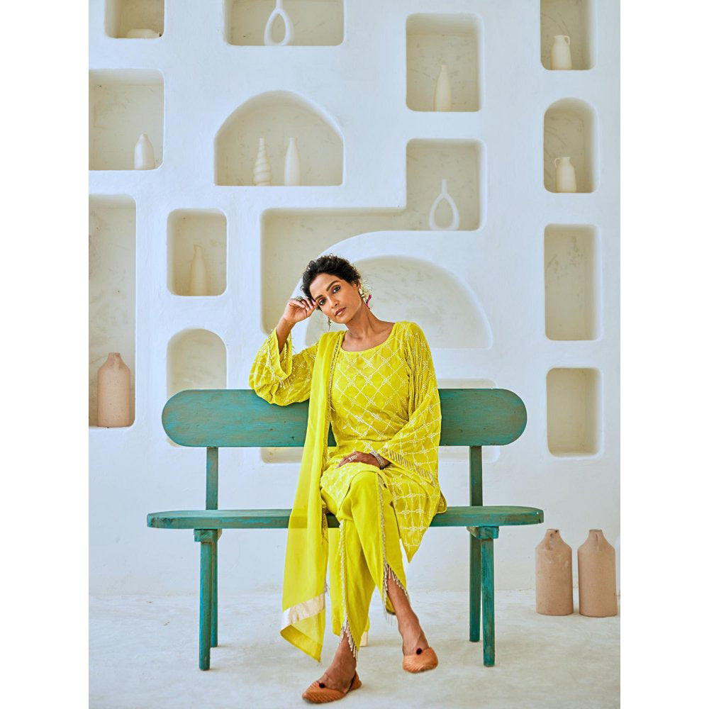 Myaara Lemon Green Mukaish Georgette Kurta with Pant Organza Dupatta (Set of 4)