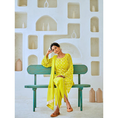 Myaara Lemon Green Mukaish Georgette Kurta with Pant Organza Dupatta (Set of 4)