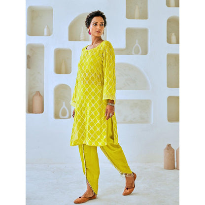 Myaara Lemon Green Mukaish Georgette Kurta with Pant Organza Dupatta (Set of 4)