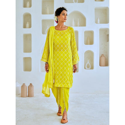 Myaara Lemon Green Mukaish Georgette Kurta with Pant Organza Dupatta (Set of 4)