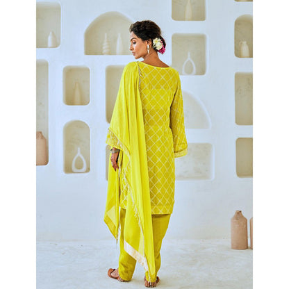 Myaara Lemon Green Mukaish Georgette Kurta with Pant Organza Dupatta (Set of 4)