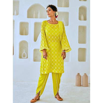 Myaara Lemon Green Mukaish Georgette Kurta with Pant Organza Dupatta (Set of 4)