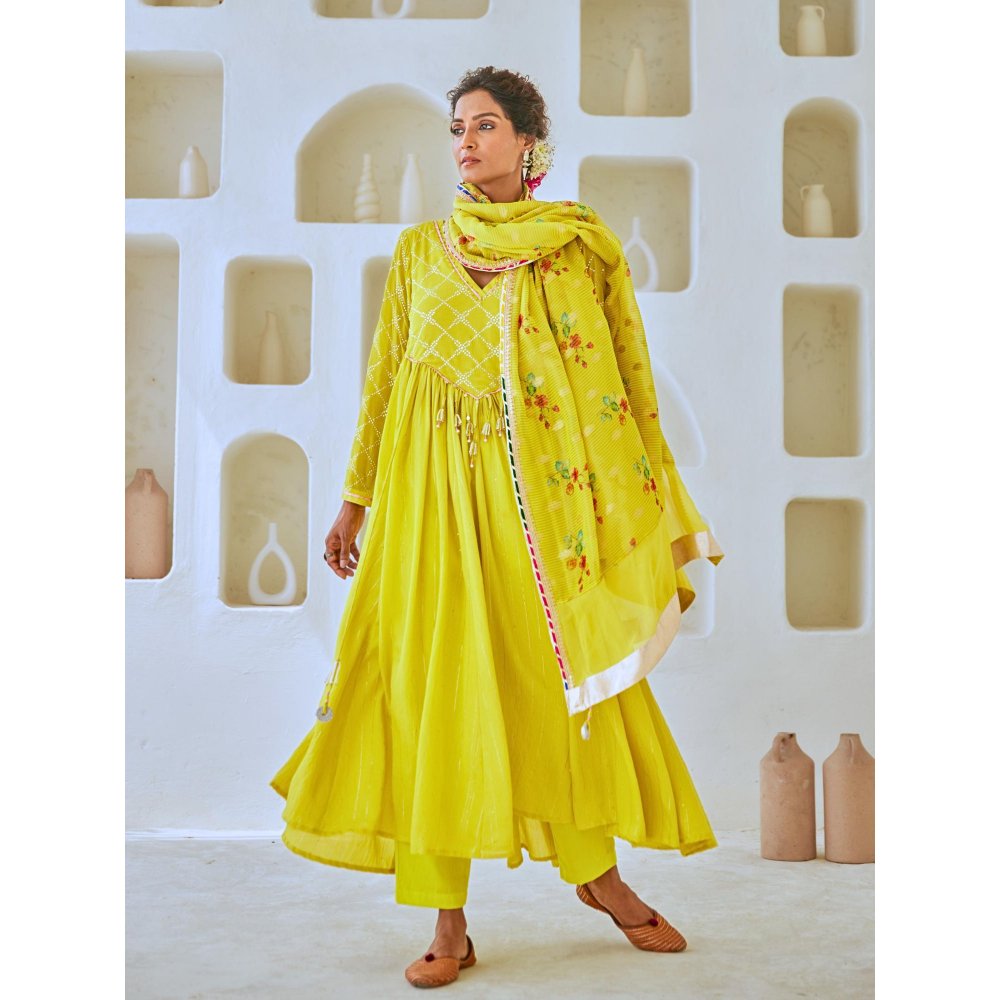 Myaara Lemon Green Flared Anarkali with Pant Tissue Chanderi Dupatta (Set of 3)