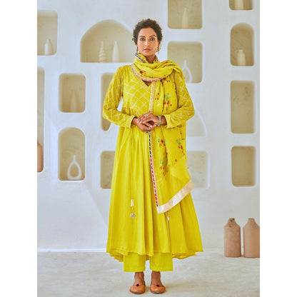 Myaara Lemon Green Flared Anarkali with Pant Tissue Chanderi Dupatta (Set of 3)