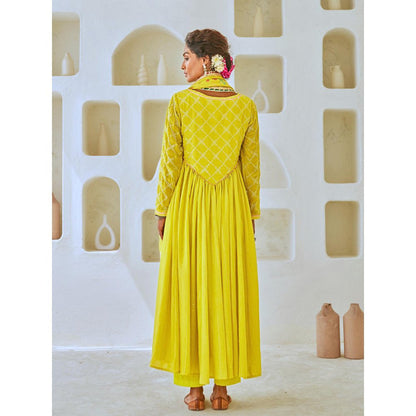 Myaara Lemon Green Flared Anarkali with Pant Tissue Chanderi Dupatta (Set of 3)