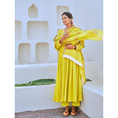 Myaara Lemon Green Flared Anarkali with Pant Tissue Chanderi Dupatta (Set of 3)