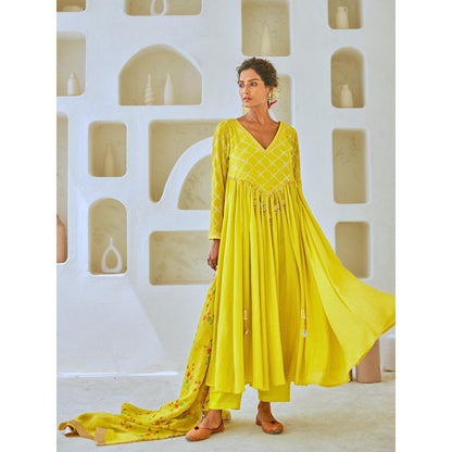 Myaara Lemon Green Flared Anarkali with Pant Tissue Chanderi Dupatta (Set of 3)