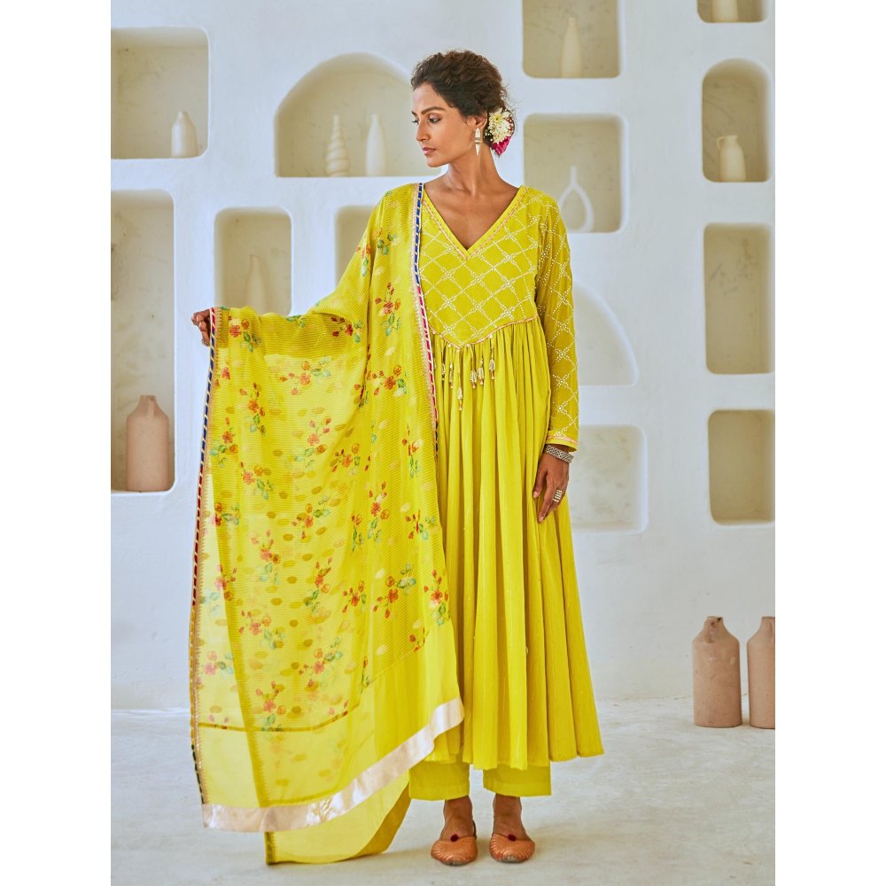 Myaara Lemon Green Flared Anarkali with Pant Tissue Chanderi Dupatta (Set of 3)