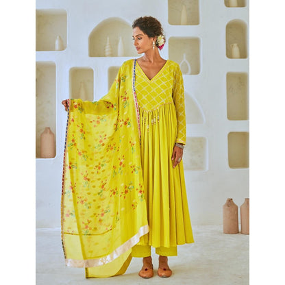 Myaara Lemon Green Flared Anarkali with Pant Tissue Chanderi Dupatta (Set of 3)