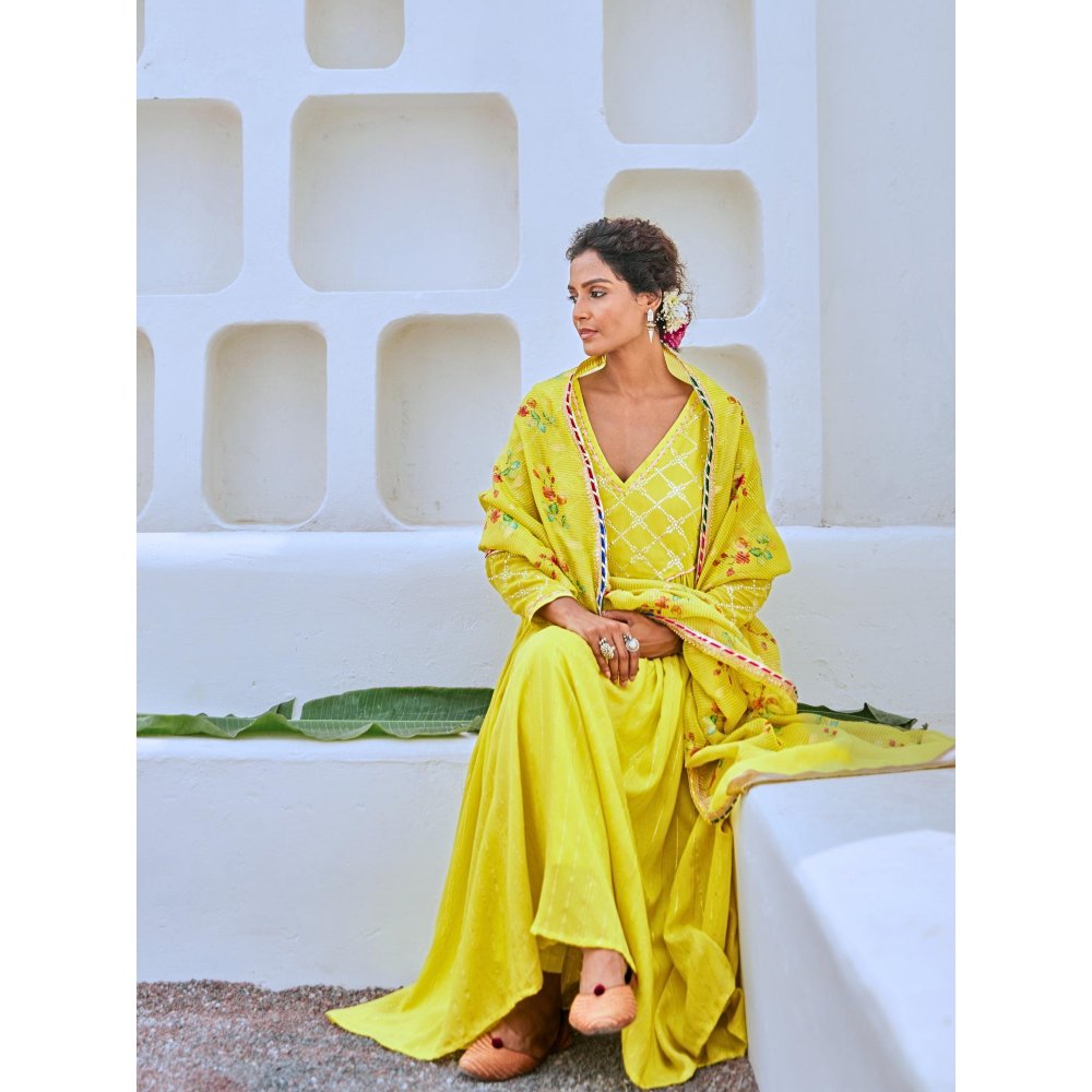 Myaara Lemon Green Flared Anarkali with Pant Tissue Chanderi Dupatta (Set of 3)