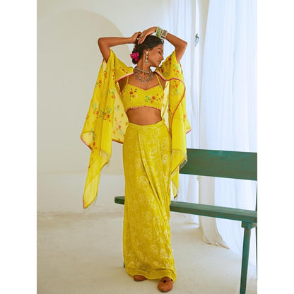 Myaara Lemon Green Fusion With Georgette Blouse with Skirt and Cape (Set of 3)